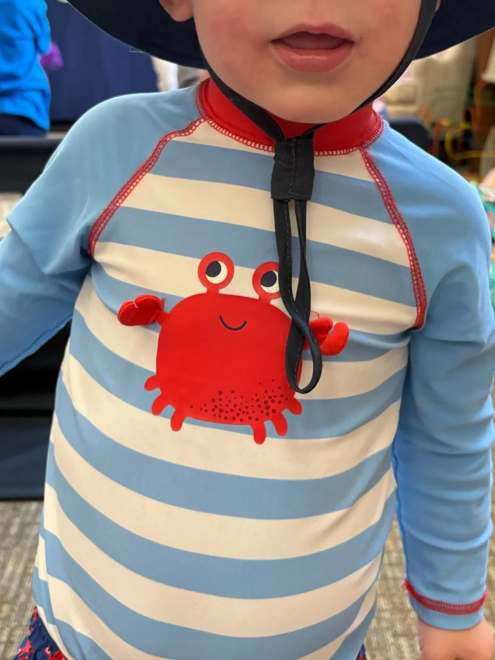 Little Me Blue & White Striped One-Piece with Red Crab Rashguard size 24m